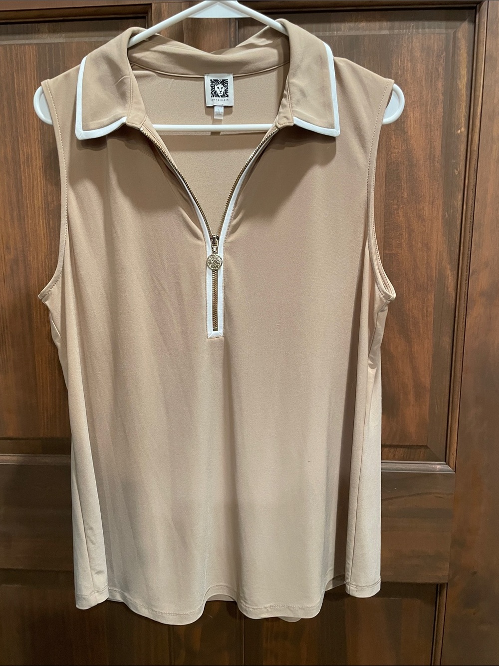 Anne Klein Sleeveless Beige Zip Polo Top with White Trim